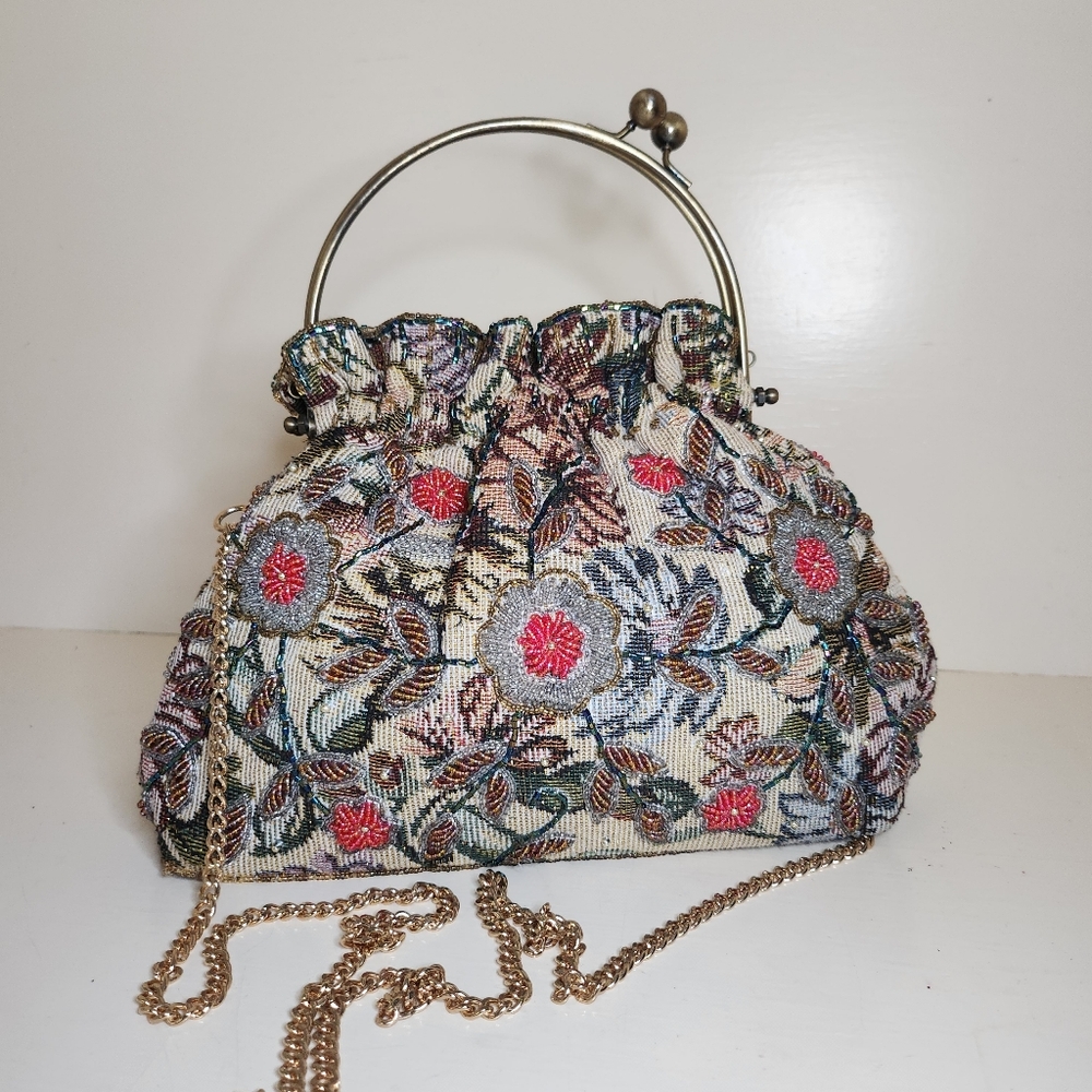 Tapestry Flora Beaded Frame Handbag with Metal Wristlet and Added Chain Strap